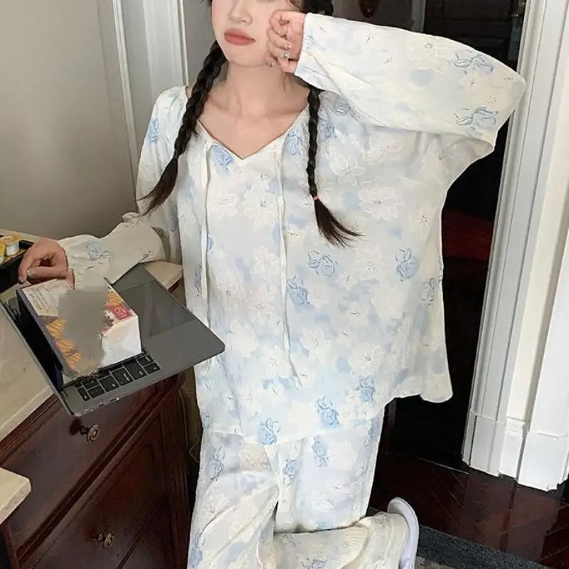 

Girl Pajamas Autumn New Model Sweet Lace Long Sleeves Outerwear Fashion Homewear Two-Piece Set Dopamine New Style Wholesale Hot