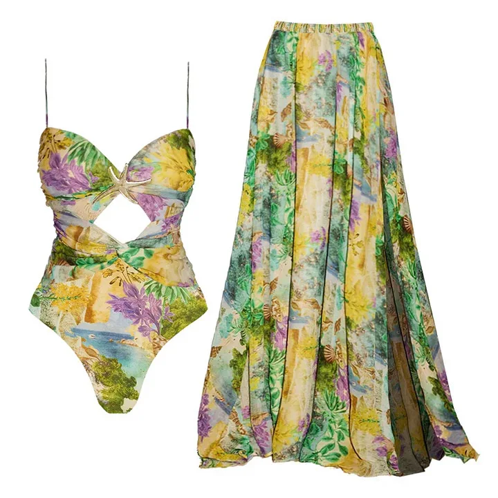 

2025 New Fashion One-piece Swimsuit Green Ink Print Hollow Swimsuit and Split Umbrella Skirt Vacation Two-piece Set