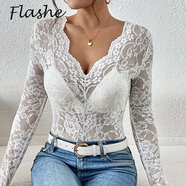 Sexy Lace T Shirt Women Elegant V Neck Slim Tops Female Fashion Solid Long Sleeve Shirts For Women Tee White Black