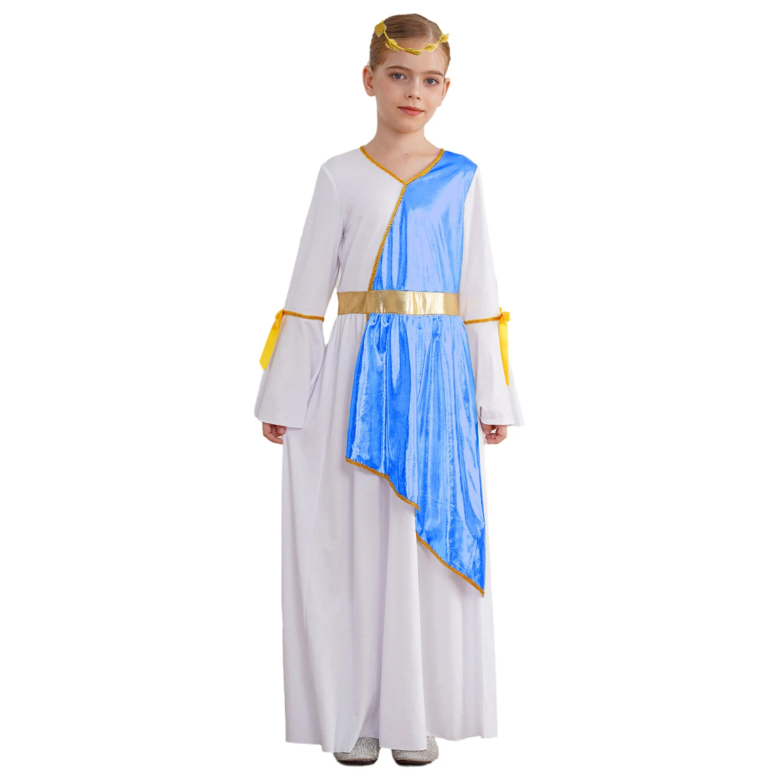 #6-16 Girl Princess Tunic Liturgical Dress Long Sleeve Gold Trim Dress with Gold Leaves Garland Headwear for Party Raves Costume