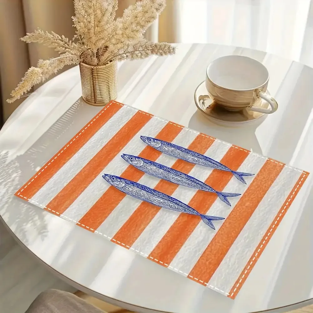 4PCS  Placemats Featuring a Minimalist Design with Orange And White Stripes Alongside Blue Sardines, Embodying