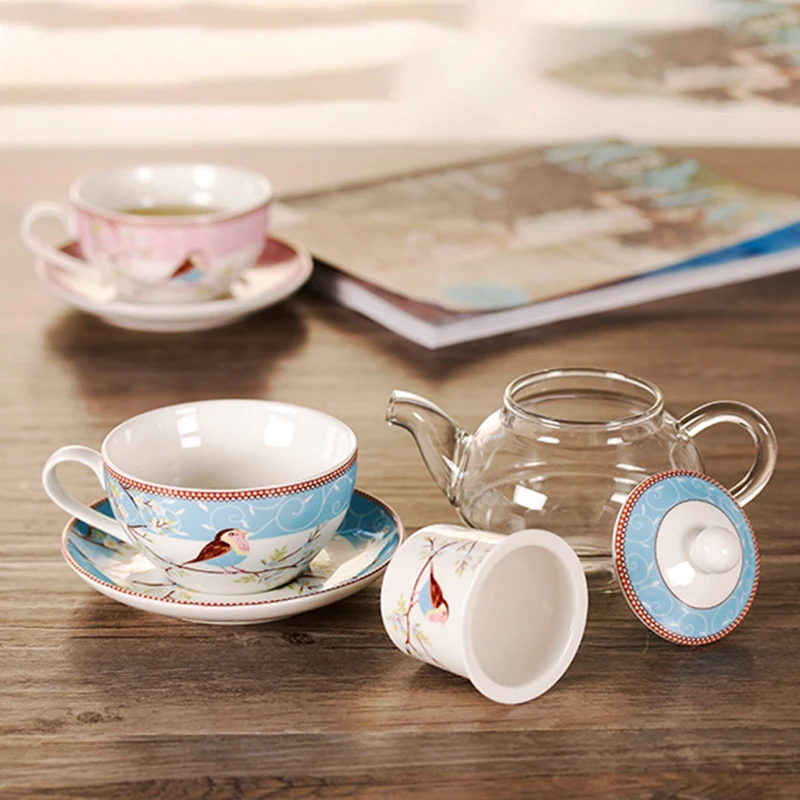 Ceramic Flower Teapot Flower Bird Cup Saucer Heat-Resistant Glass Pot Set Coffee Cup Afternoon Tea Tea Set Pink HOT