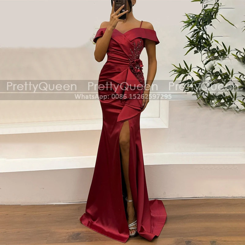 

Customized High Slit Long Prom Dresses Beaded Appliques Mermaid Spaghetti Off Shoulder Dark Red Trumpet Reception Dress