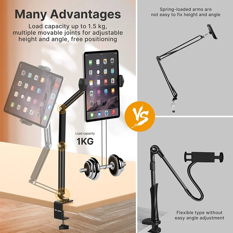 Imagem -03 - Vijim Hp001 Suporte de Mesa para Ipad e Telefone Suporte de Montagem Desktop Suporte ao Vivo C-braçadeira Flexível Braço Longo 360 ° Rotatable