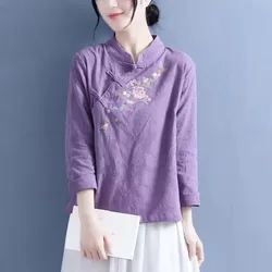 2023 Chinese Style Embroidered Long Sleeve Shirt Women Cotton Linen Stand Collar Clothing Vintage Casual Shirts Hanfu Tops 4XL