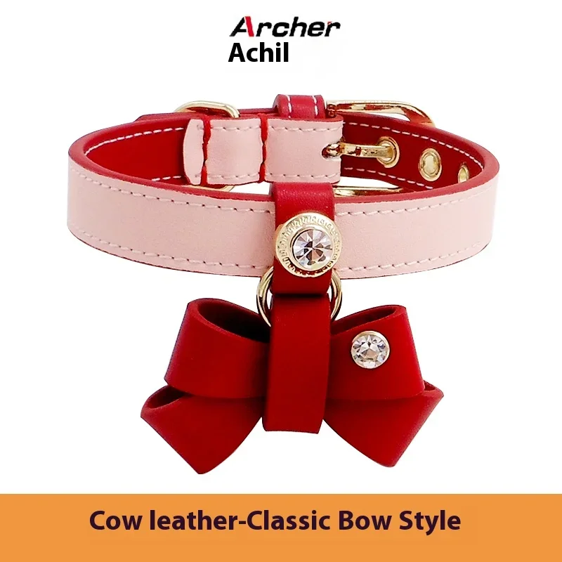 Achille Hanging Bow Pet Collar Leather Cowhide Collar with Metal Buckle Decorative Gemstone Teddy Bear Schnauzer Adjustable