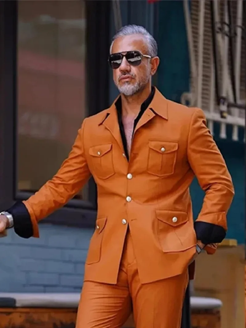 Orange Men Wedding Suits Autumn Coat Business Causal Designer Jacket Custom Made four pockets Blazer