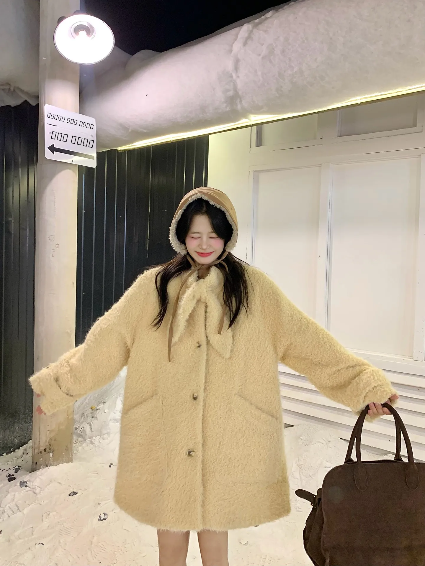 

Warm Cotton Coat Woolen Outerwear Medium-Length Sli Fem Faion Commute Sle Polyester Fiber Long Sve No Cap