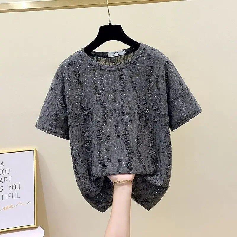 

Large Size Women's Summer New Style Loose Slim Sequins Ripped Loose Short-sleeved T-shirt Fat Mm Half-sleeved Front Shoulder Top