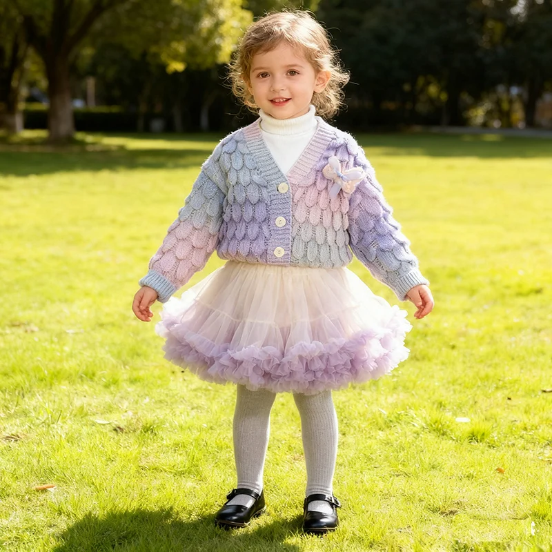 2026 New Spring Baby Girl Knitted Clothes Suit Long Sleeved Knitted Cardigan Sweater+Short Skirt 2-6Yrs Children Clothes Set