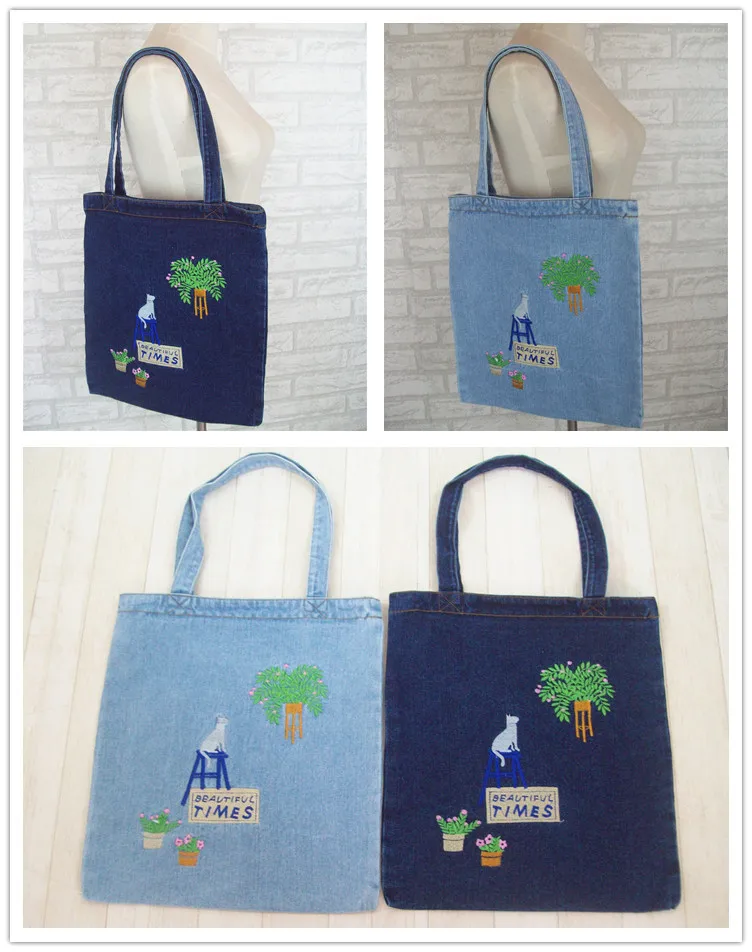 Large Capacity Shopping Bag Cartoon Embroidered Commuting Bag Denim Shoulder Bag Canvas Bag