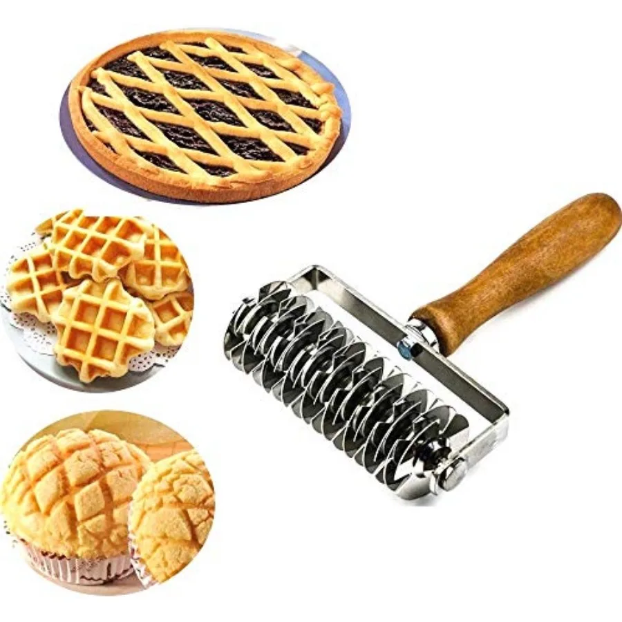 

Kitchen Baking Dough Cookie Pie Pizza Pastry Lattice Roller Cutter Baking Tool - Stainless Steel - Wood handle