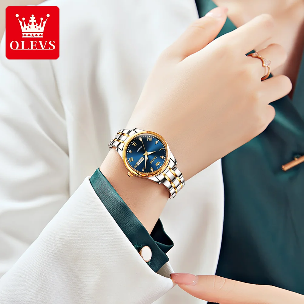 OLEVS 5563 Women\'s Watches Gold Blue Stainless steel Fashion Elegant Waterproof Luminous Calendar Luxury Brand Watch for Women