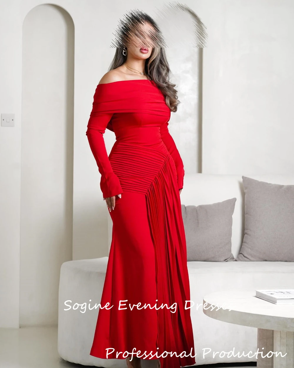 Crepe personalizado vermelho fora do ombro plissado vestidos de noite 3/4 manga فسات intelliات para mulheres sexy vestido de cocktail