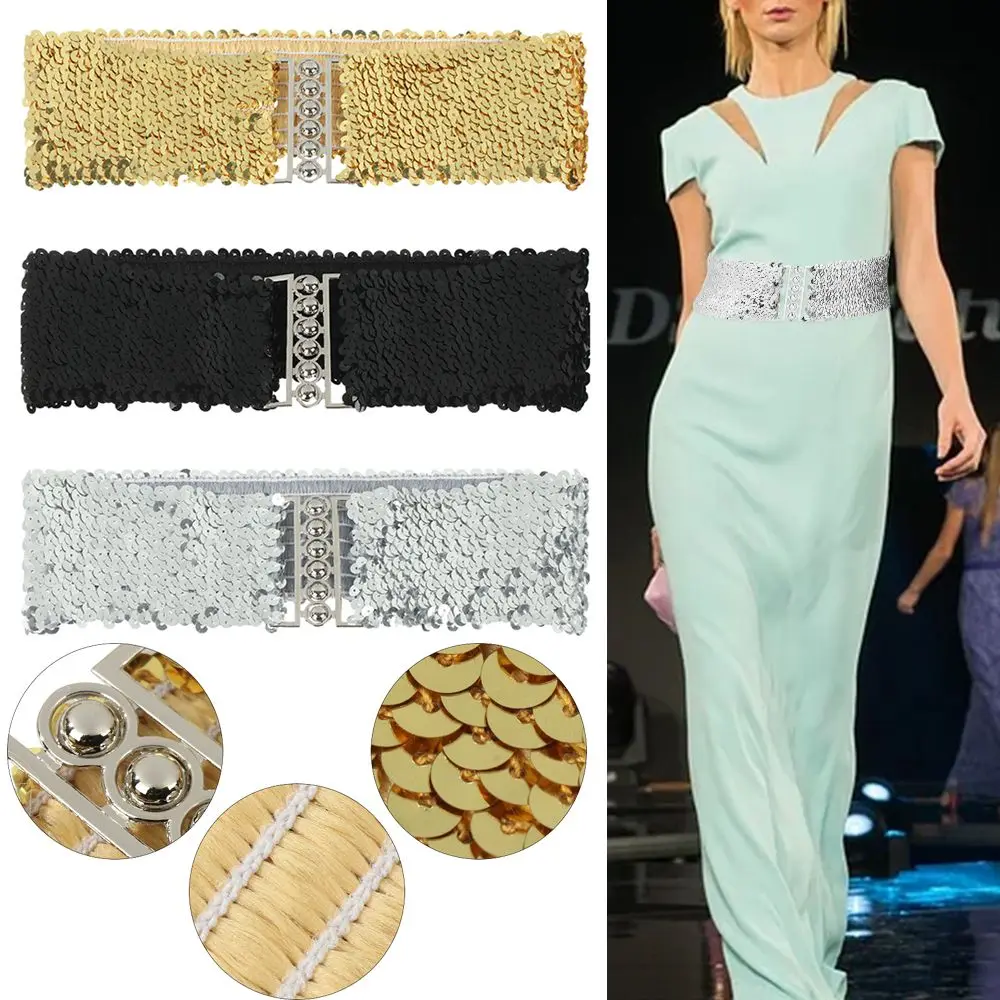 Mode stretch cinch pailletten brede elastische riem damesjurk cummerbanden buik tailleband metalen gesp tailleband