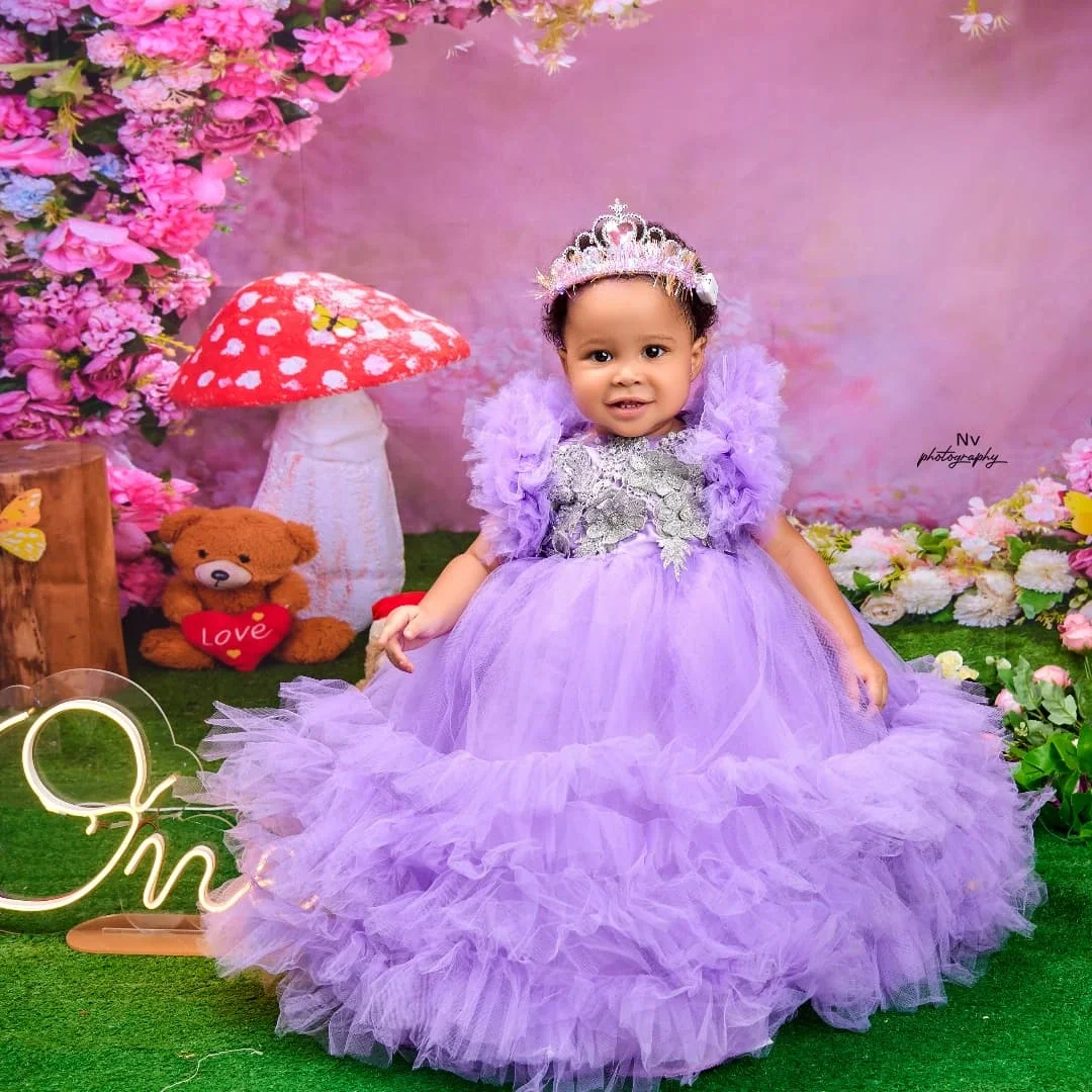 Quality Layering Tulle Fluffy Little Princess Flower Girl Dress Silve Applique for Wedding Birthday Party Evening Ball Gown