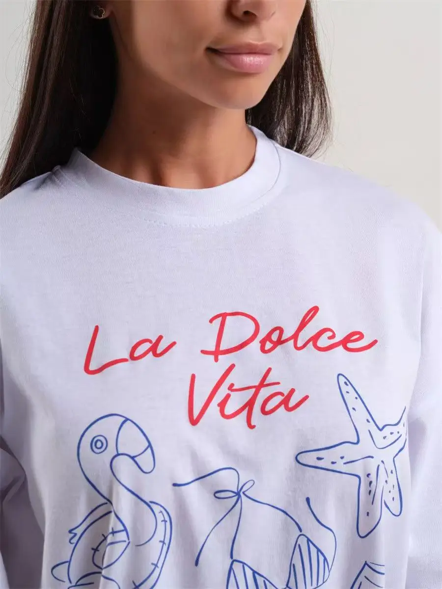 Italian Alphabet Vacation Fashion Printed Beach Style White Casual T-shirt for Women Short Sleeve Crew Neck Boho Tshirt Summer