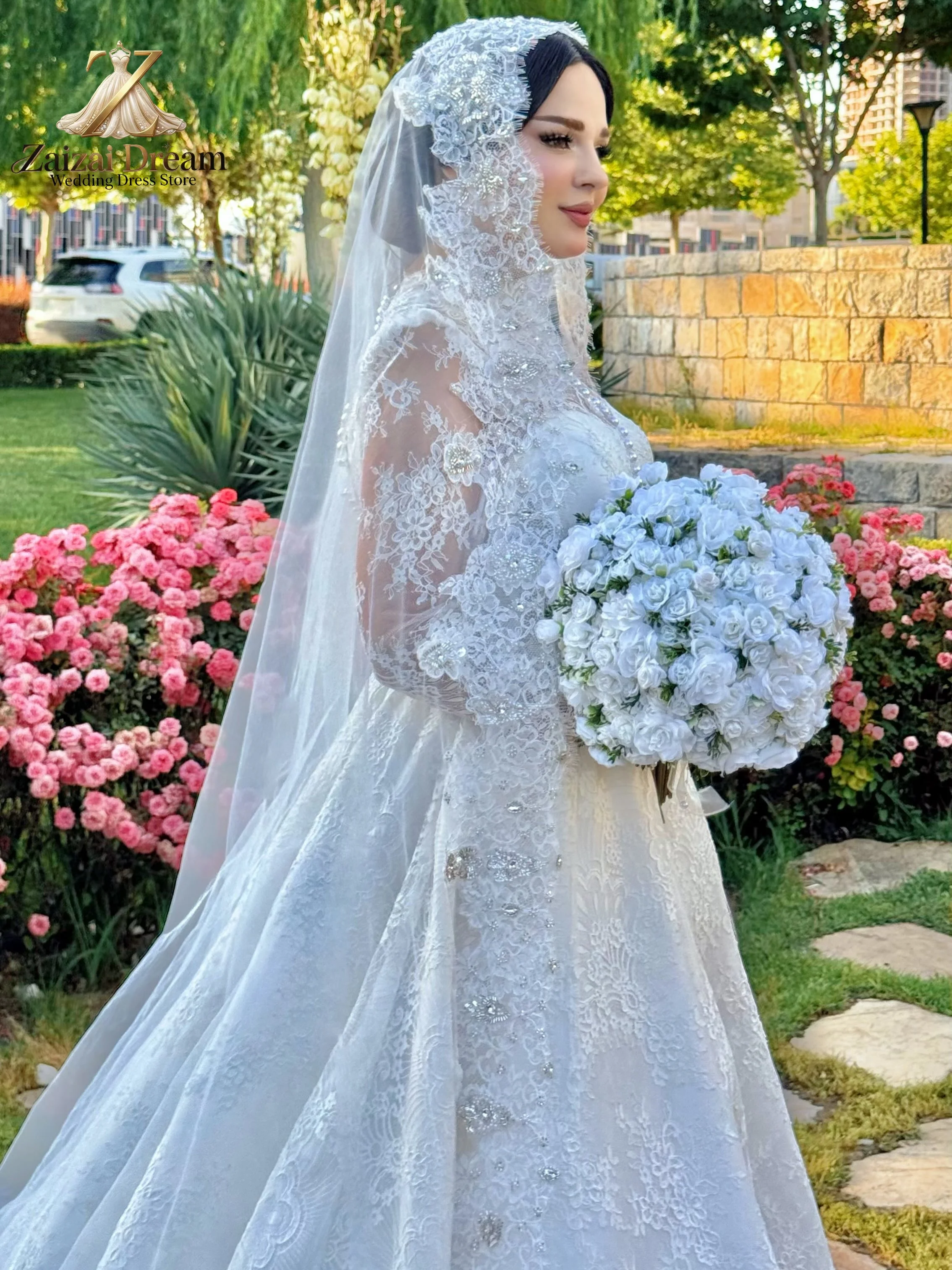 Customized Elegant Muslim Wedding Dress Long Sleeve High Neck Lace Ball Gown Bridal Gown Vestido De Novia