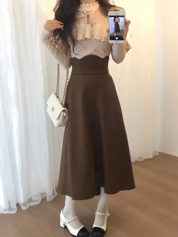 

Ruffle Lace Knitted Base Shirt Women's High Waist Slim Fit Midi Skirt Two Piece Set Long Sleeve Stand Collar Gentle Style Off...