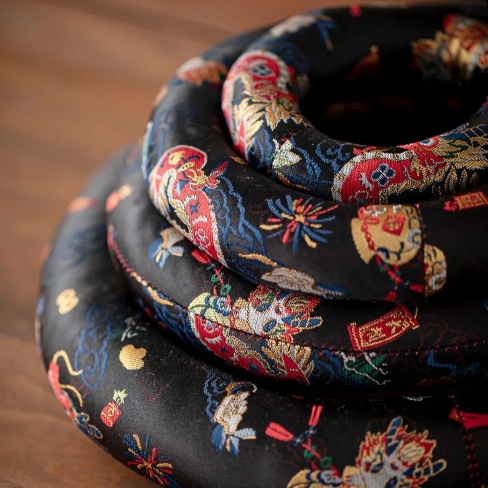 Nepalese Dragon Design Singing Bowl Mat Donut Shape Brocade Sound Copper Out Mat Traditional Non Slip Wooden Fish Coaster