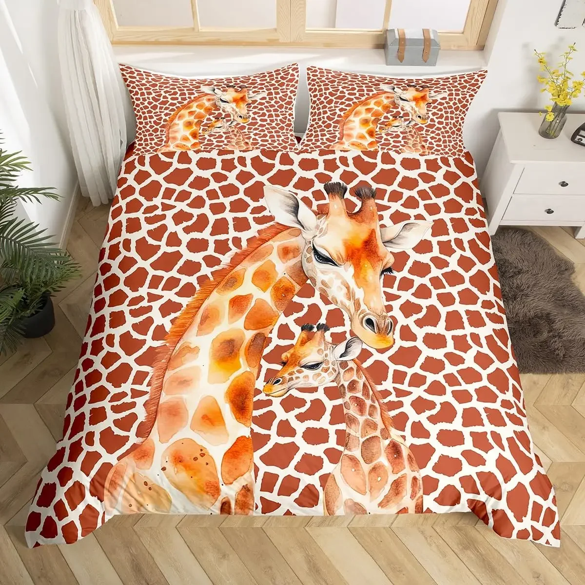 Cute Giraffe Bedding Set Full Size 3pcs with 1 Duvet Cover 2 Pillowcases Animal Bedding Set for Kids Boys Girls Room Decoration