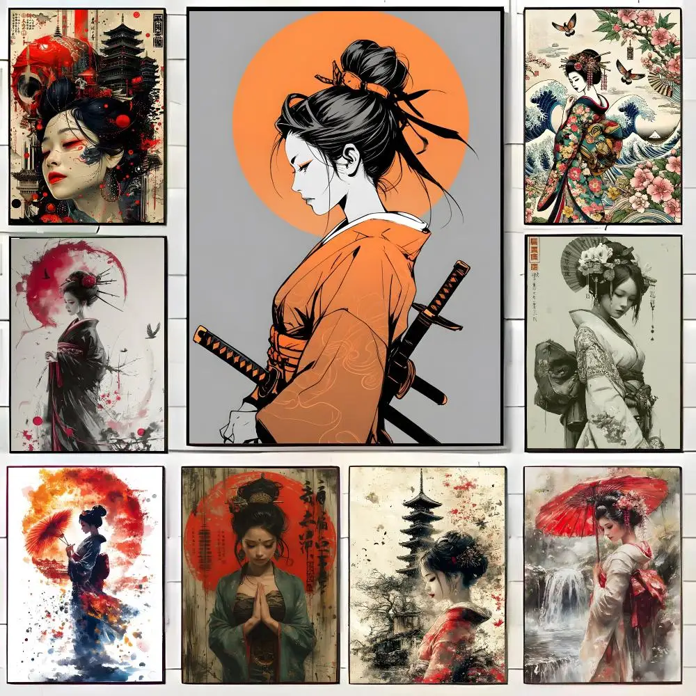 Retro Japanese Geisha Beautiful Poster HD Self-Adhesive Wall Decals For Living Room & Bedroom Home Decor Gift