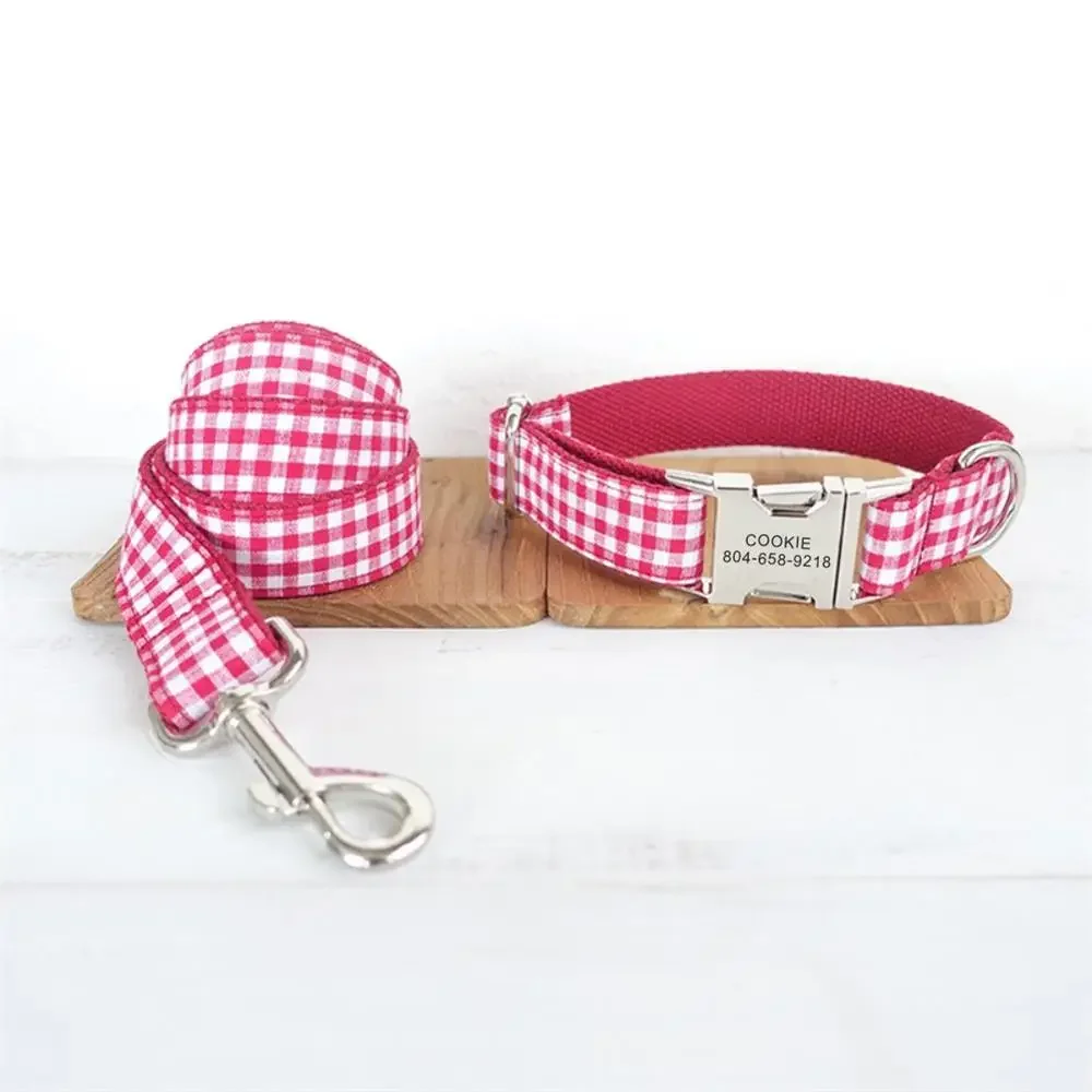 Personalized Pet Collar Customized Nameplate ID Tag Adjustable White Red Plaid Cat Dog Collars Lead Leash