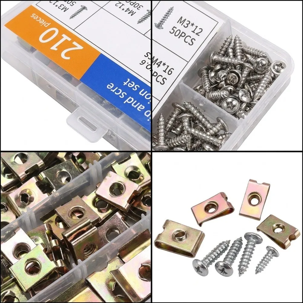 For Car U Clip Fastener Set 210pcs Zinc Plated Metal Clips and Screws NO.6 NO.8 NO.10 M3x12mm for Interior Repair