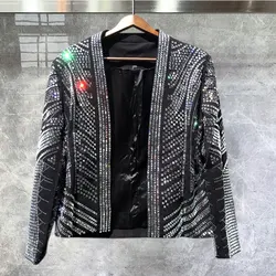 High Quality Luxury Hot Drill  Punk Club Outfit Jacket Black Full Rhinestones Jacket Men Jacket Coat Jaqueta Bomber Diamond