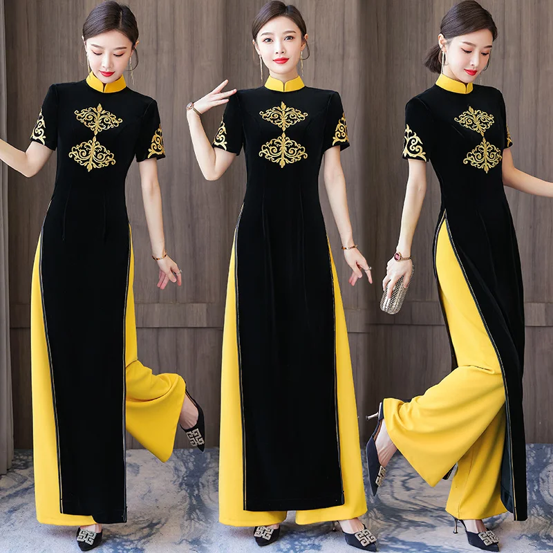 S-5XL Ao Dai Vietnam Improve Qipao Women Fashion Long Cheongsam Pants Set Slim Vintage Evening Dresses Chinese New Year Clothes