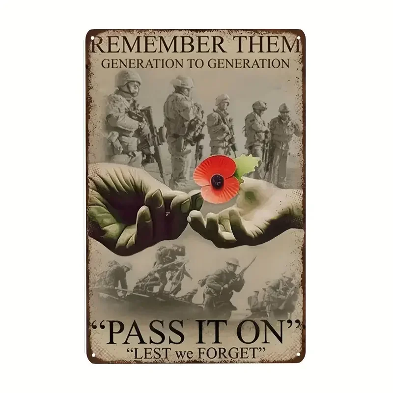 Vintage Remember Them Lest We Forget Poppy Soldier Retro Metal Tin Sign Patriotic Wall Decor