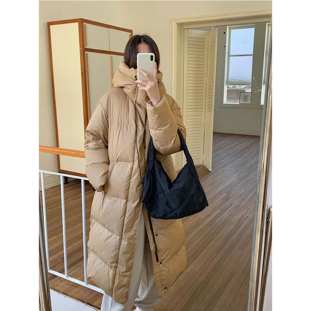 Women White Coat Solid Detachable Hat Loose Long Puffer Jackets Female Winter Soft Warm Doan Overcoats