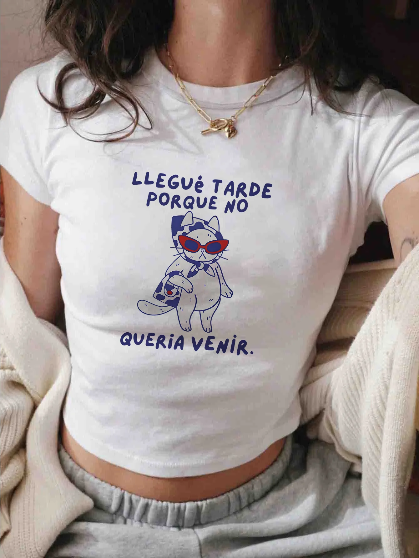 Cat Wears Sunglasses Late Print Women's Cropped T-Shirt Short Round Neck Crop Tops Sexy Outfit Female Clothes Streetwear Ladies