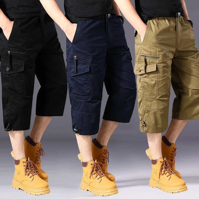 Summer pure cotton cropped shorts for men and young people, straight leg sports camouflage casual workwear shorts, loose and thi