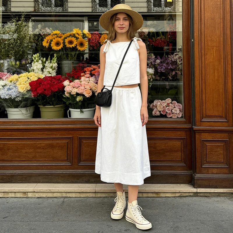 

Chic Elegant Two Piece Sets Women U-neck Sleeveless Crop Tops Elastic High Waist Skirts Summer Casual Loose Fashion White Suits