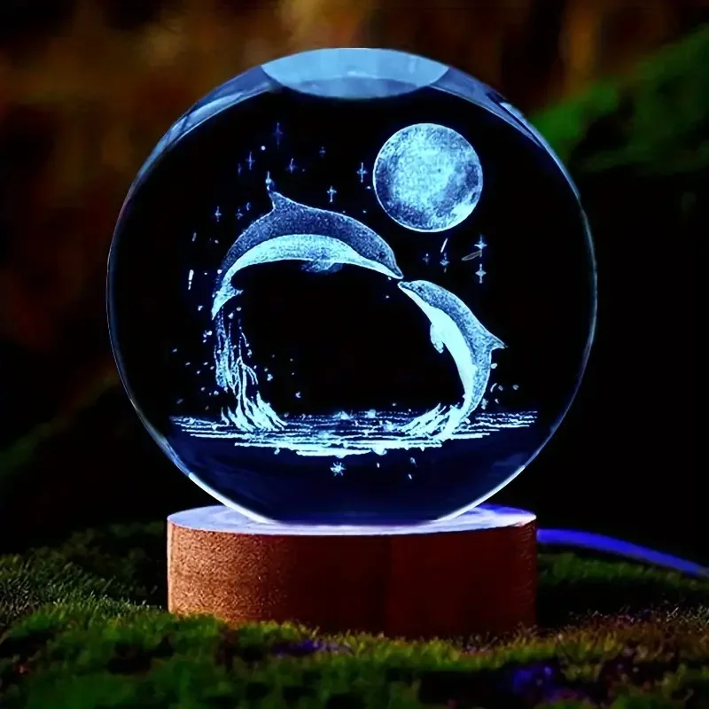 1pc 3D Dolphin Moon crystal ball, regalo di compleanno per moglie amico 3D inciso al laser animale marino decorazione della lampada della statua