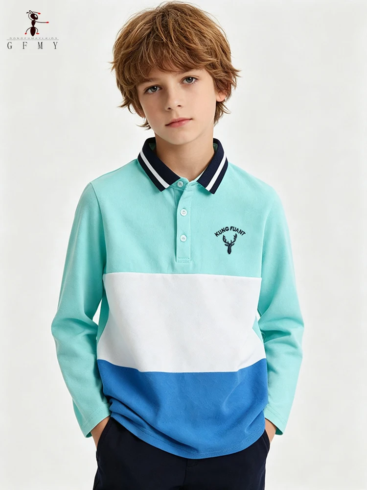 

Kids Long Sleeve Polo Shirt 100% Cotton 2026 New Boys Lapel Collar Blue Designer T-Shirt Casual Fashion Children School Clothes