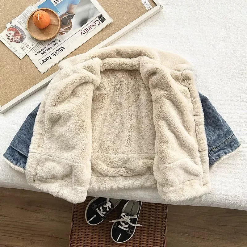Boys Girls Fleece Lined Jackets Winter Children's Plus Velvet Thick Denim Coats New Padded Warm Outerwear Kids Clothing 4-12 Yea