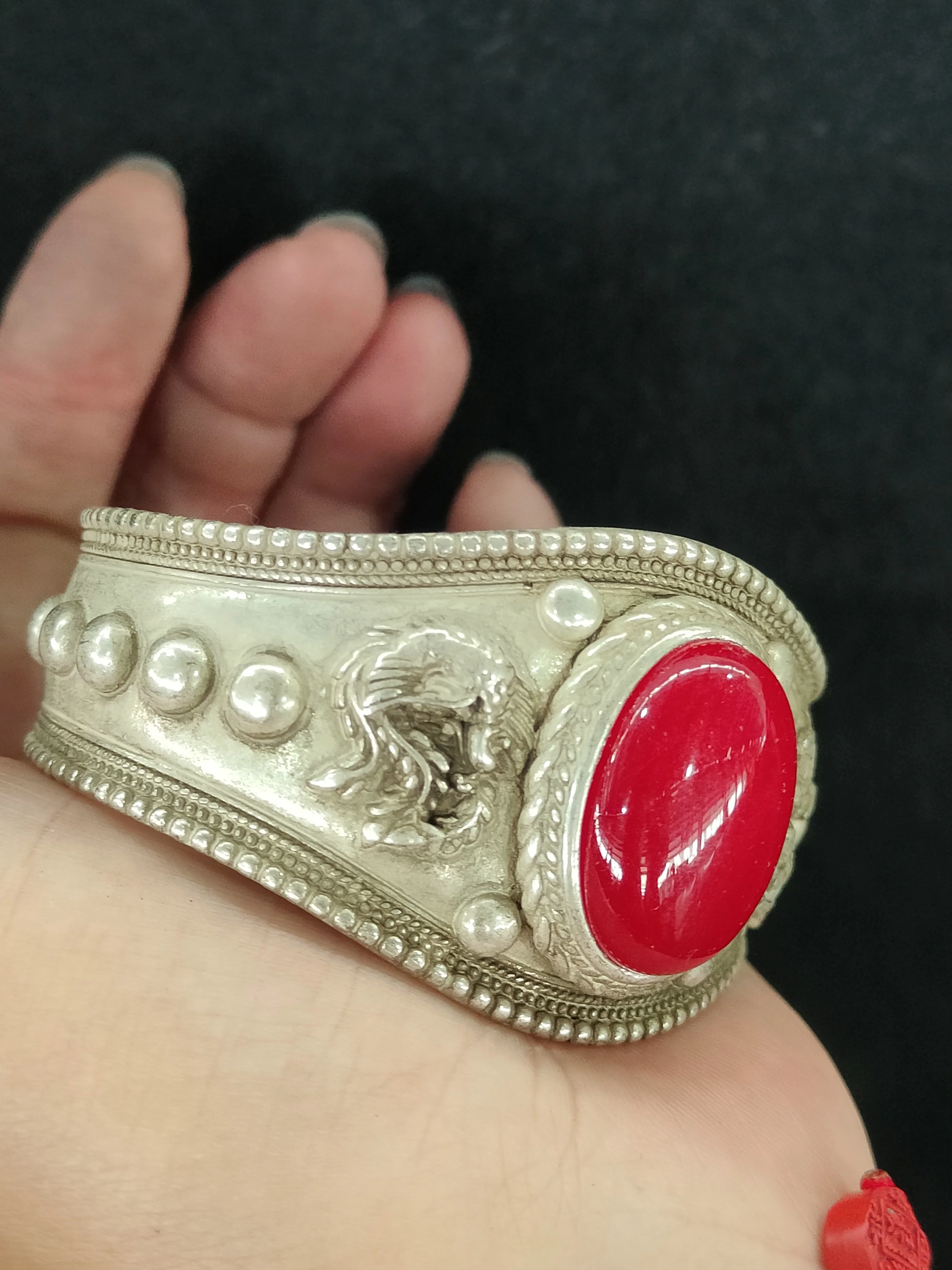 Chinese Miao Silver wide plate bracelet ruby inlaid with silver dragon Phoenix Chengxiang carved opening decorative bracelet