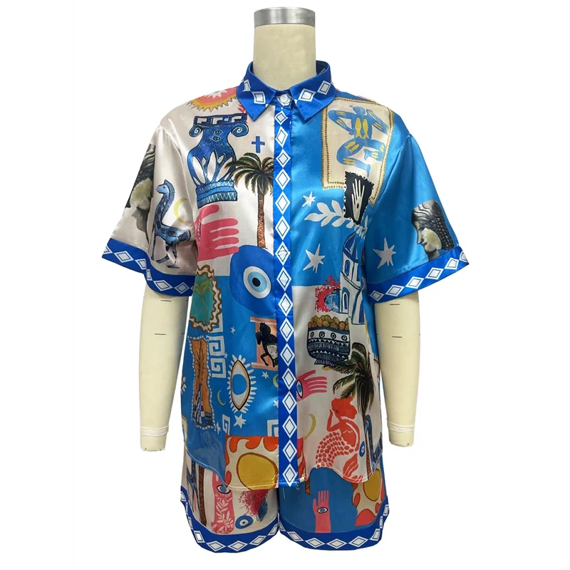 ABRT - Damskie 2-częściowe zestawy: codzienna koszula zapinana na guziki w kwiaty i szorty ze sznurkiem, letni komplet