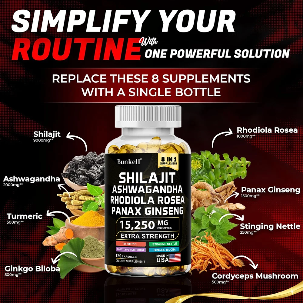 كبسولات شيلاجيت مع الجينسنغ، أشواغاندا، الكركم، الجنكة بالوبا، 8 في 1 مكمل للطاقة وكتلة العضلات، 120 كبسولة
