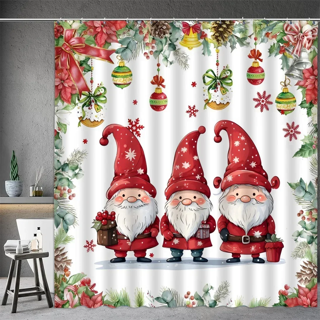 Christmas Shower Curtain, Winter Snowman Santa Claus Snowflake Gnome Farm Truck Berry Christmas Tree Cartoon Bathroom Decoration