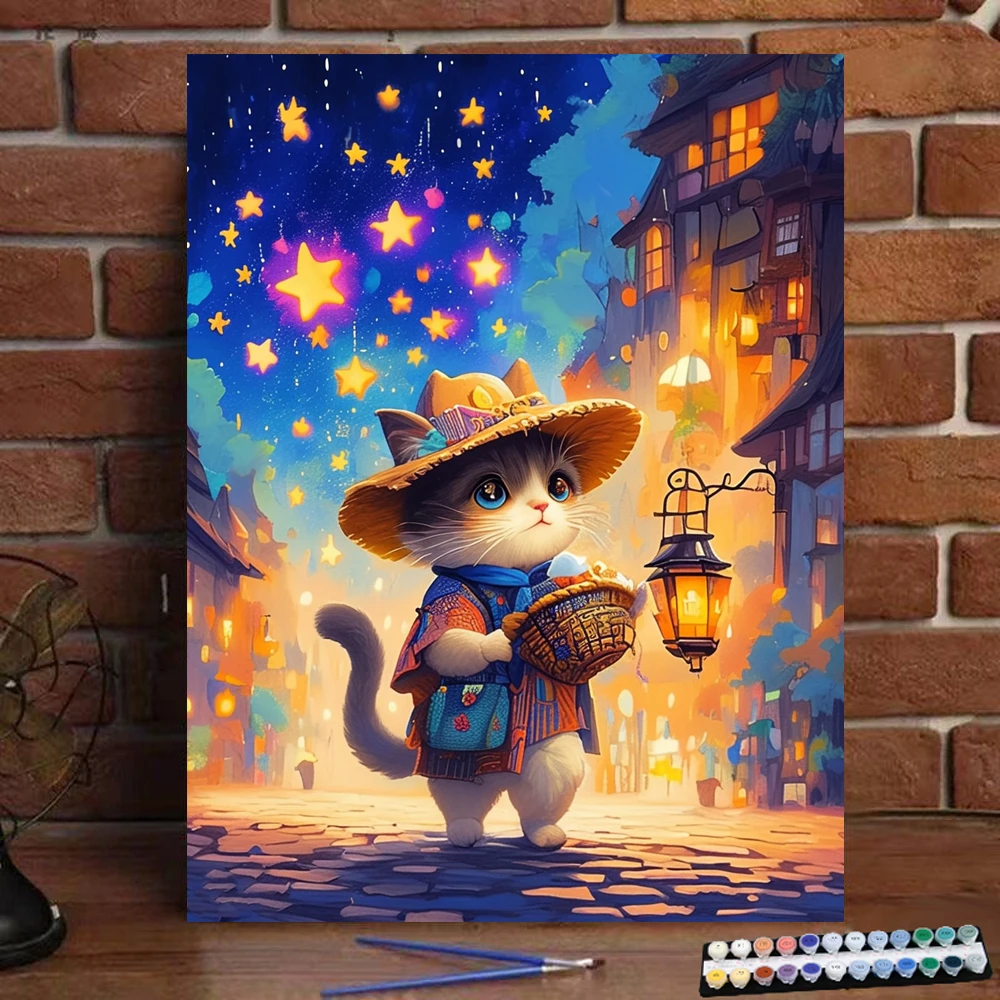 

Цифровая живопись, Кот под звездным небом, искусство и культура, цифровая живопись ручной работы, подарок для взрослых и детей, украшение для стен