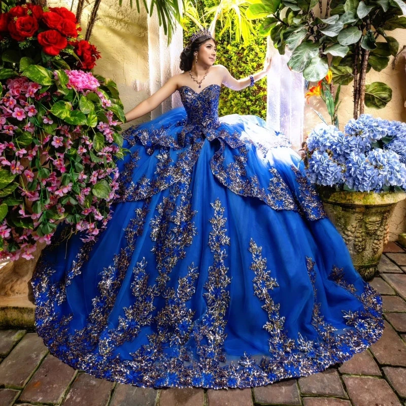 Royal Blue Quinceanera Dress 2024 Vestidos De 16 Lace Appliques Crystal Sweetheart Princess Sweet vestidos de 15 Birthday Ball