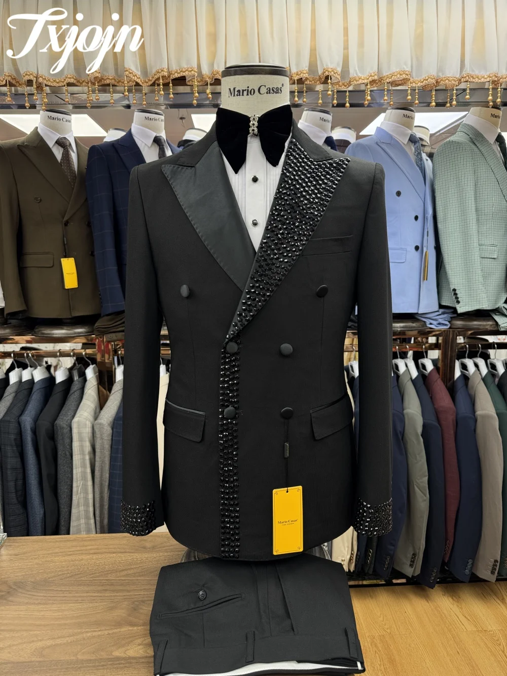 รูปภาพจริงเพิร์ลหรูหราชุดสําหรับชาย, double Breasted Tuxedo ชุด 3PCS Blazer เสื้อกั๊กกางเกงคริสตัลผู้ชายชุดคุณภาพสูง