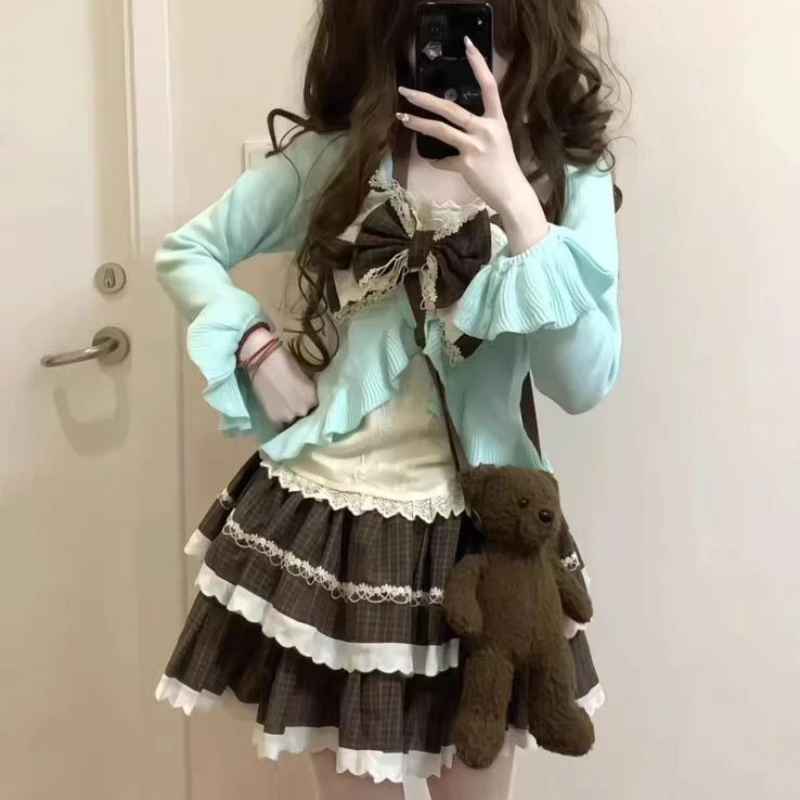 

Autumn Sweet Preppy Style 3 Piece Set Women Bow Cardigan Irregular Top Lace Plaid Mini Cake Skirts Suit Femme Y2k Lolita Outfits