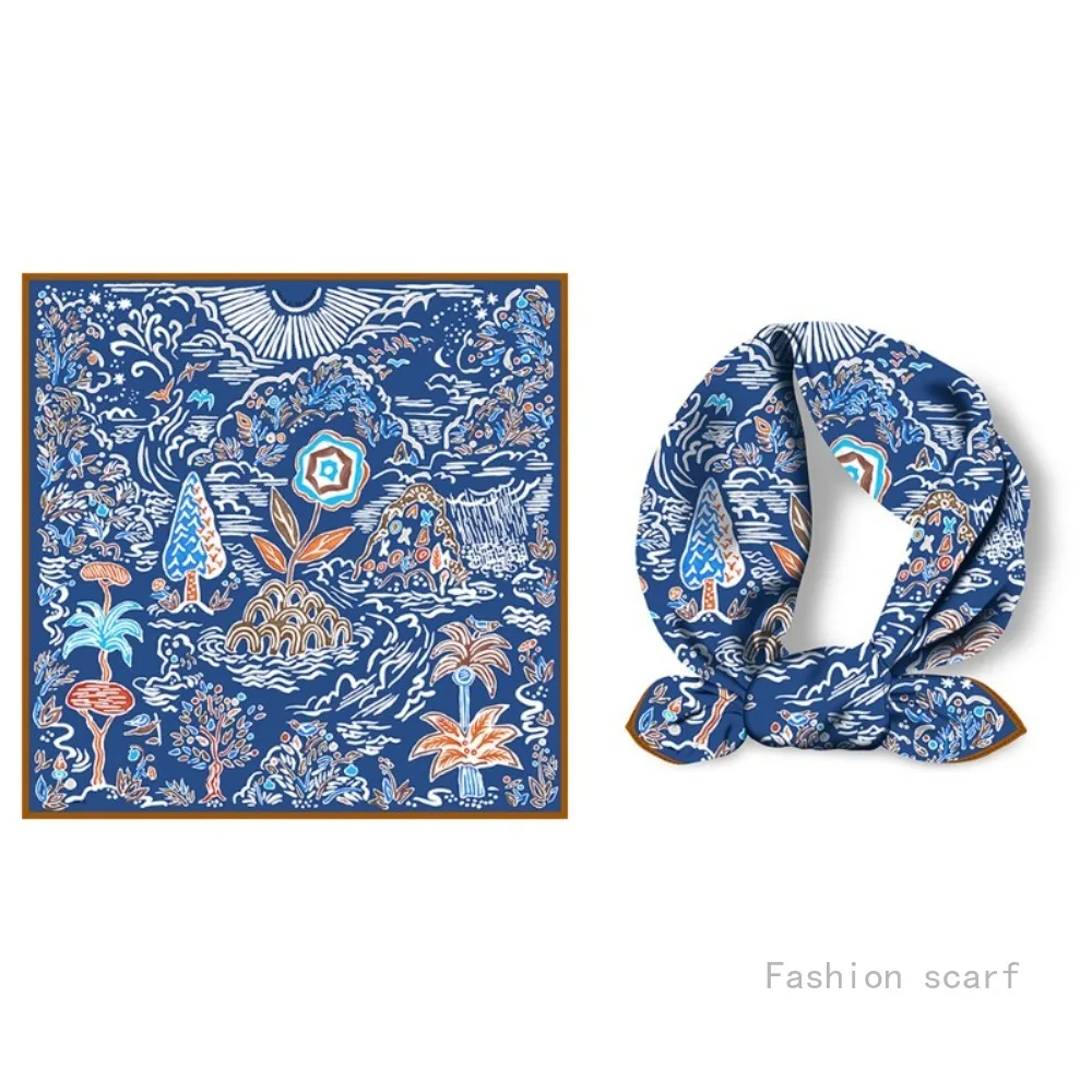 53Cm 새로운 복고풍 손으로 그린 ​​식물과 꽃 소녀 다목적 장식 작은 스카프 실크 스카프 Headscarf 럭셔리 스카프 도매