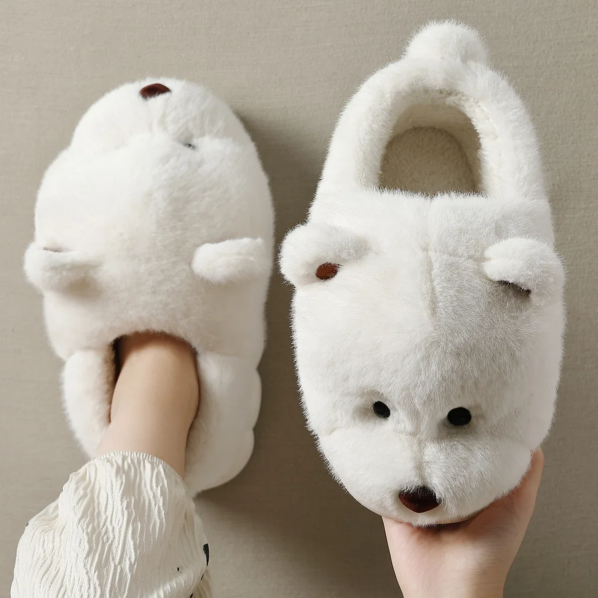 Winter Warm 3D Cartoon Dog Bear Thick Furry Women Plush Slippers Ankle Wrap Lady Couple Men Home Cotton Shoes