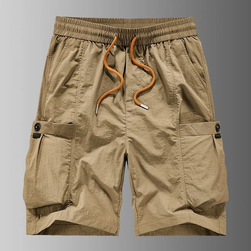 Men Lightweight Cargo Shorts Elastic Waist Drawstring Multi Pockets Loose Outdoor Casual Knee Length Pants