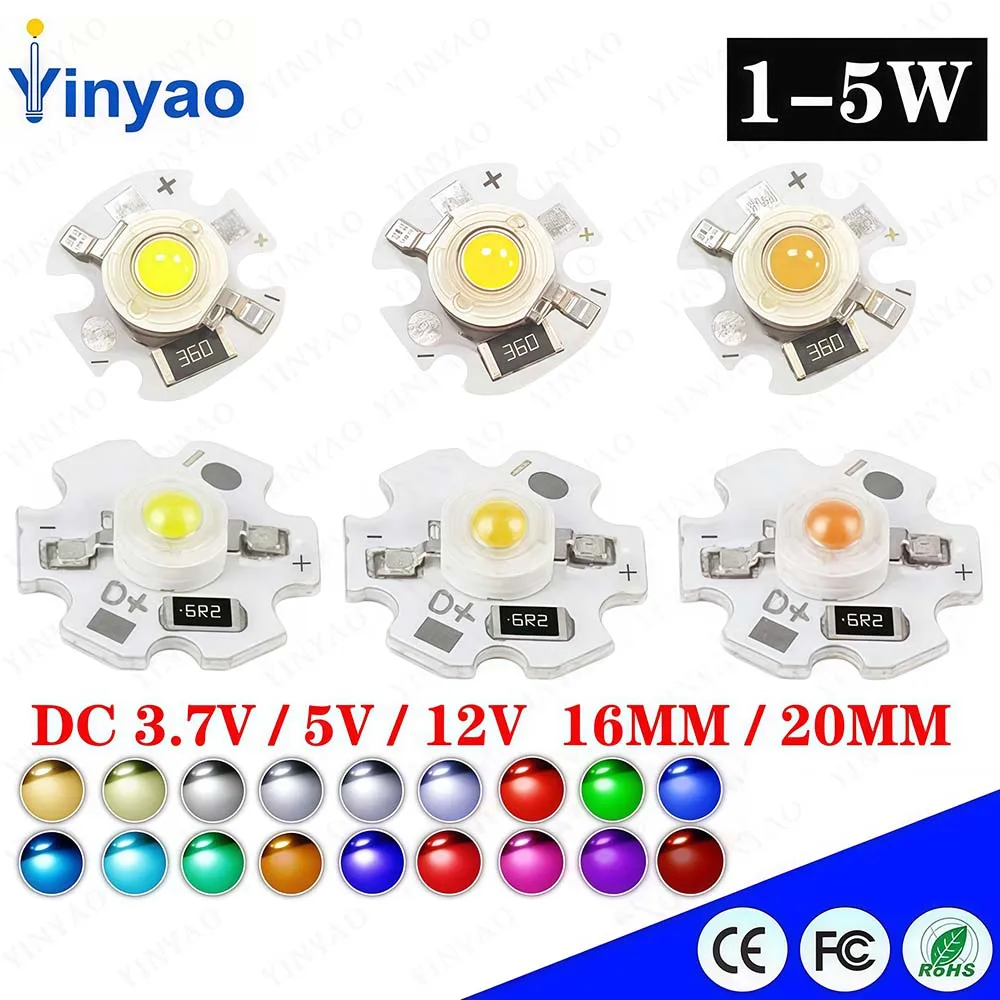 10Pcs 1W 3W 5W LED Chip DC 3.7V 5V 12V Warm Cool White Red Green Blue Yellow  Purple Aluminum PCB 16MM 20MM Lamp Light Beads